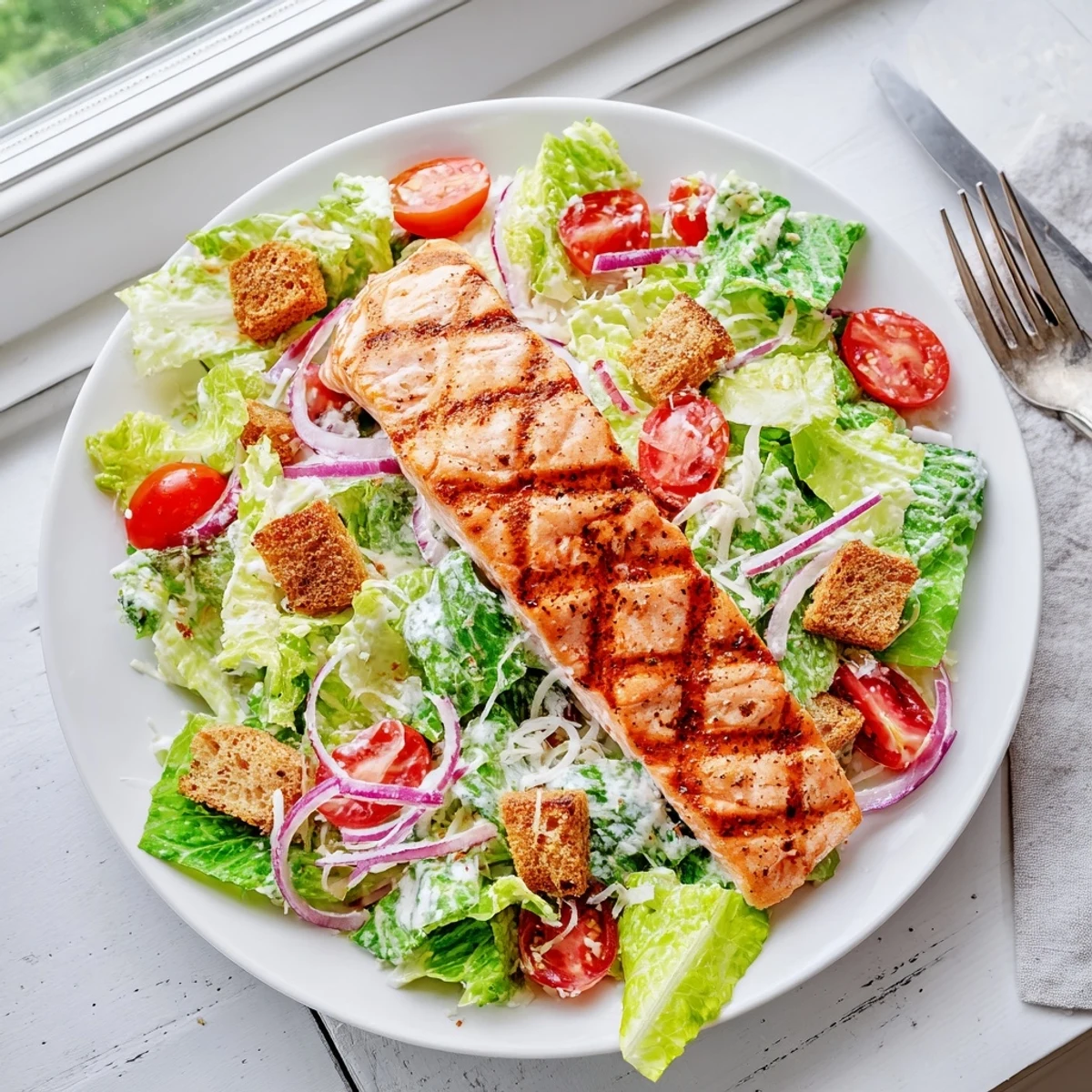 Flaky grilled salmon resting on crisp romaine lettuce with cherry tomatoes and croutons in this salmon Caesar salad