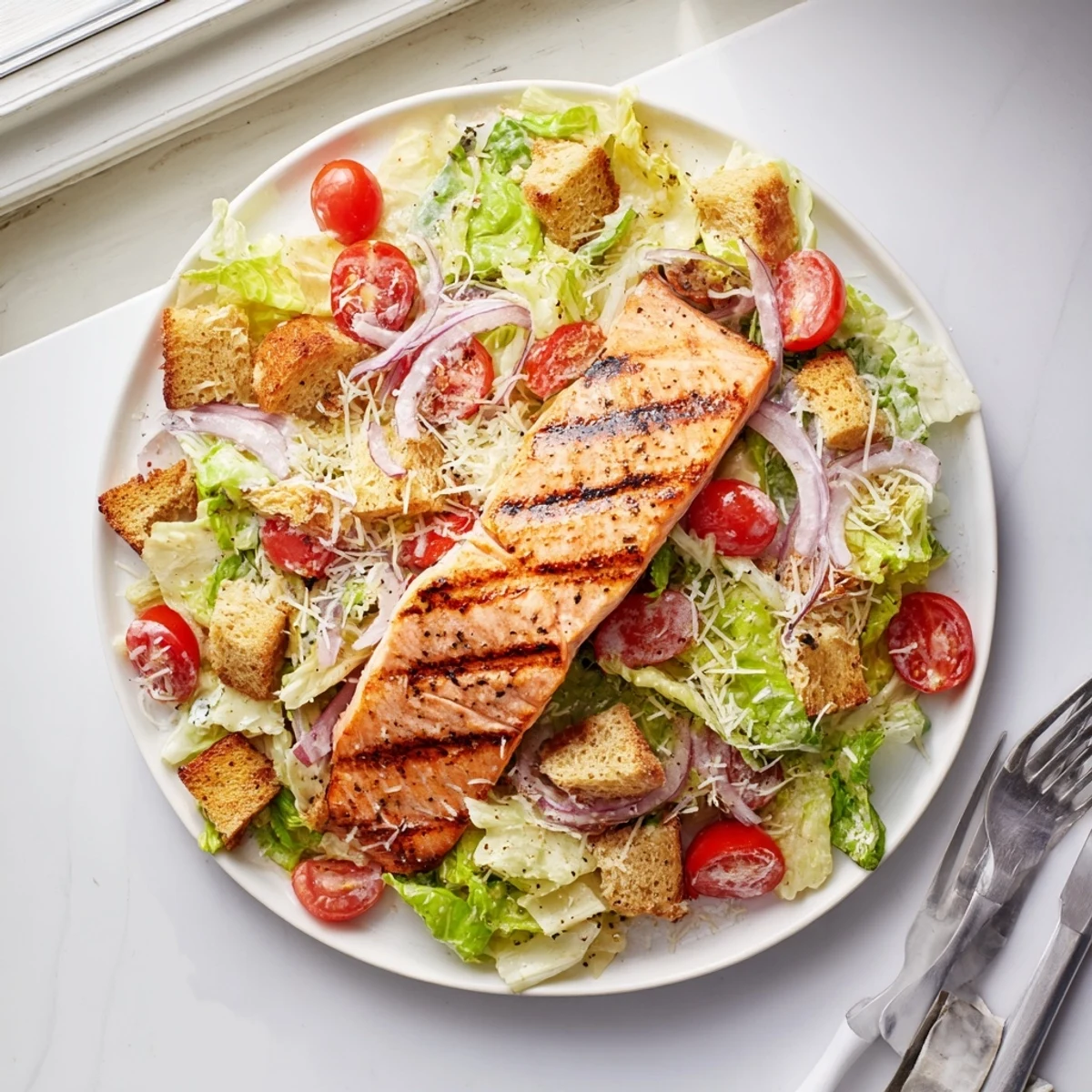 Vibrant salmon Caesar salad featuring perfectly grilled fish, crunchy croutons, and creamy dressing on fresh green lettuce