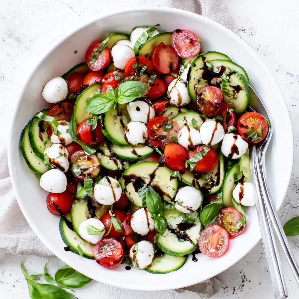 Vibrant bowl of juicy cucumber Caprese salad featuring crisp vegetables and creamy mozzarella cheese