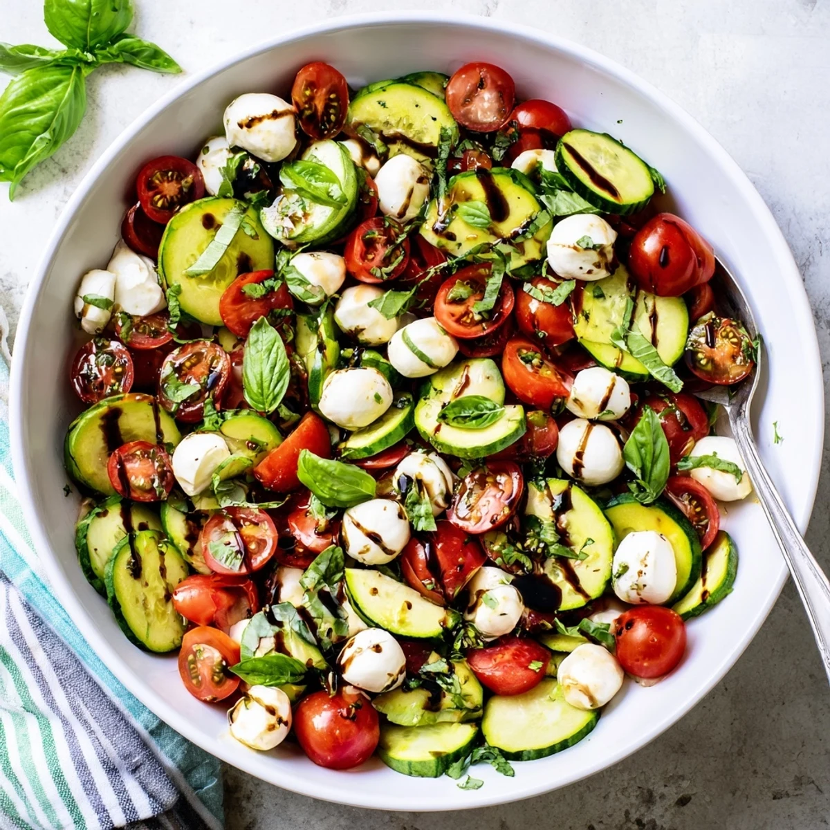 Fresh cucumber Caprese salad with cherry tomatoes, mozzarella, and basil drizzled with balsamic glaze