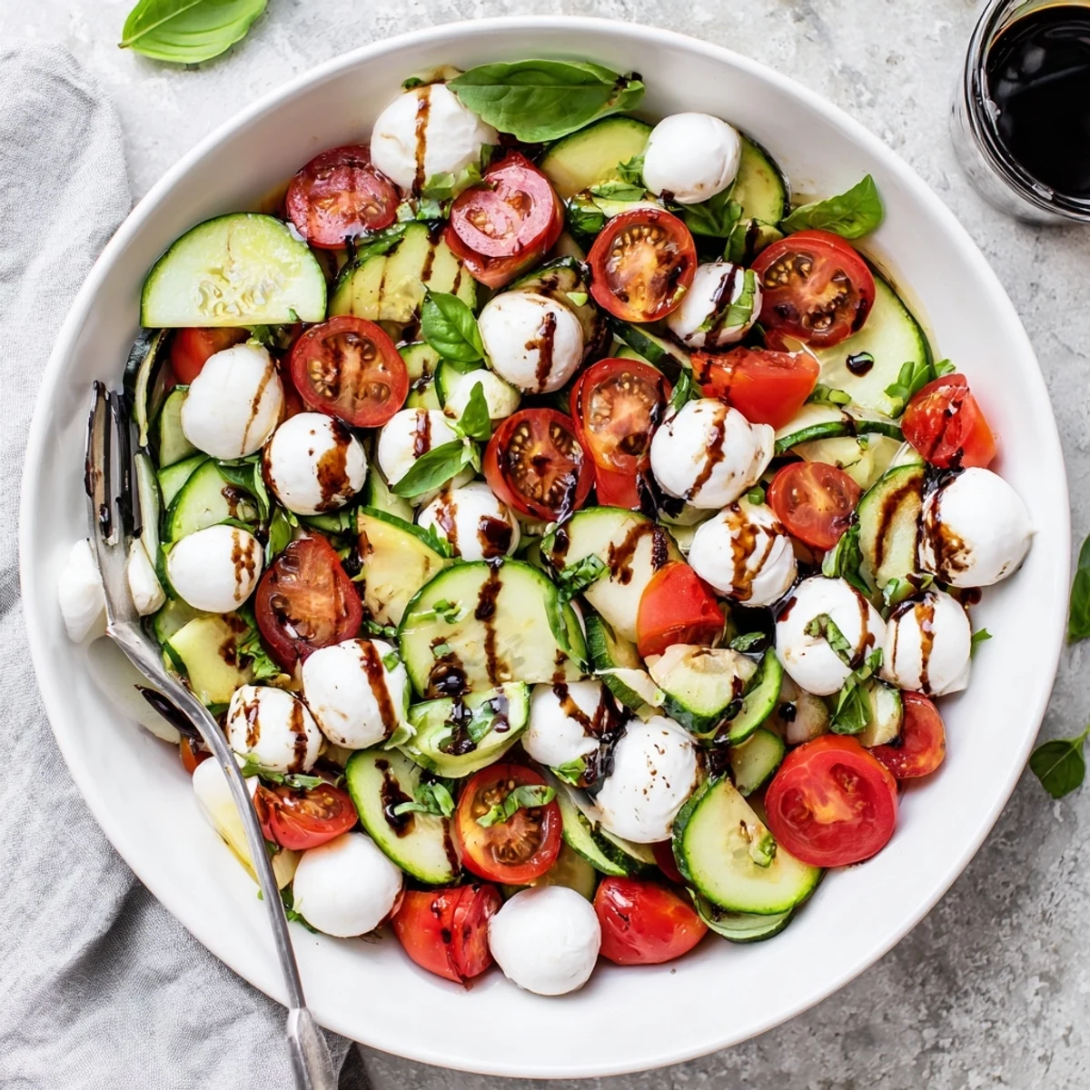 Italian-inspired cucumber Caprese salad topped with torn basil leaves and tangy balsamic dressing