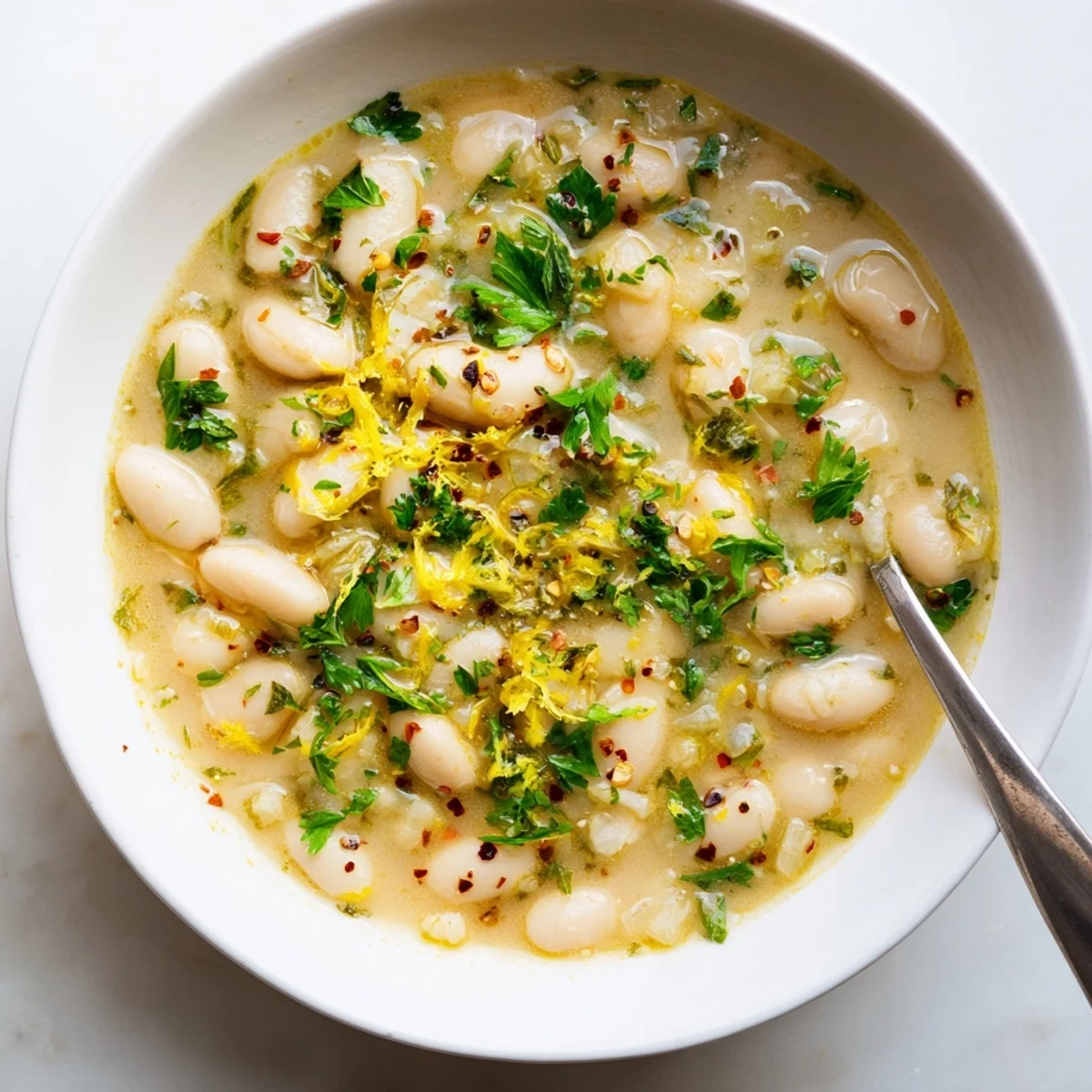 Steaming bowl of vegetarian miso butter brothy beans topped with bright parsley and lemon zest