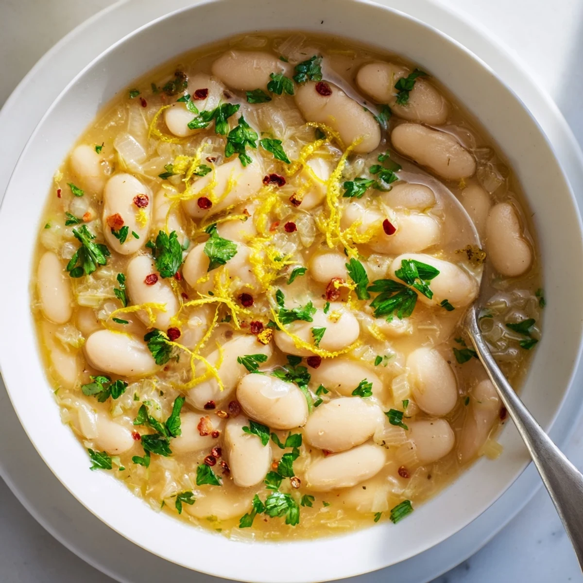 Creamy white beans swimming in golden miso butter broth garnished with fresh green herbs