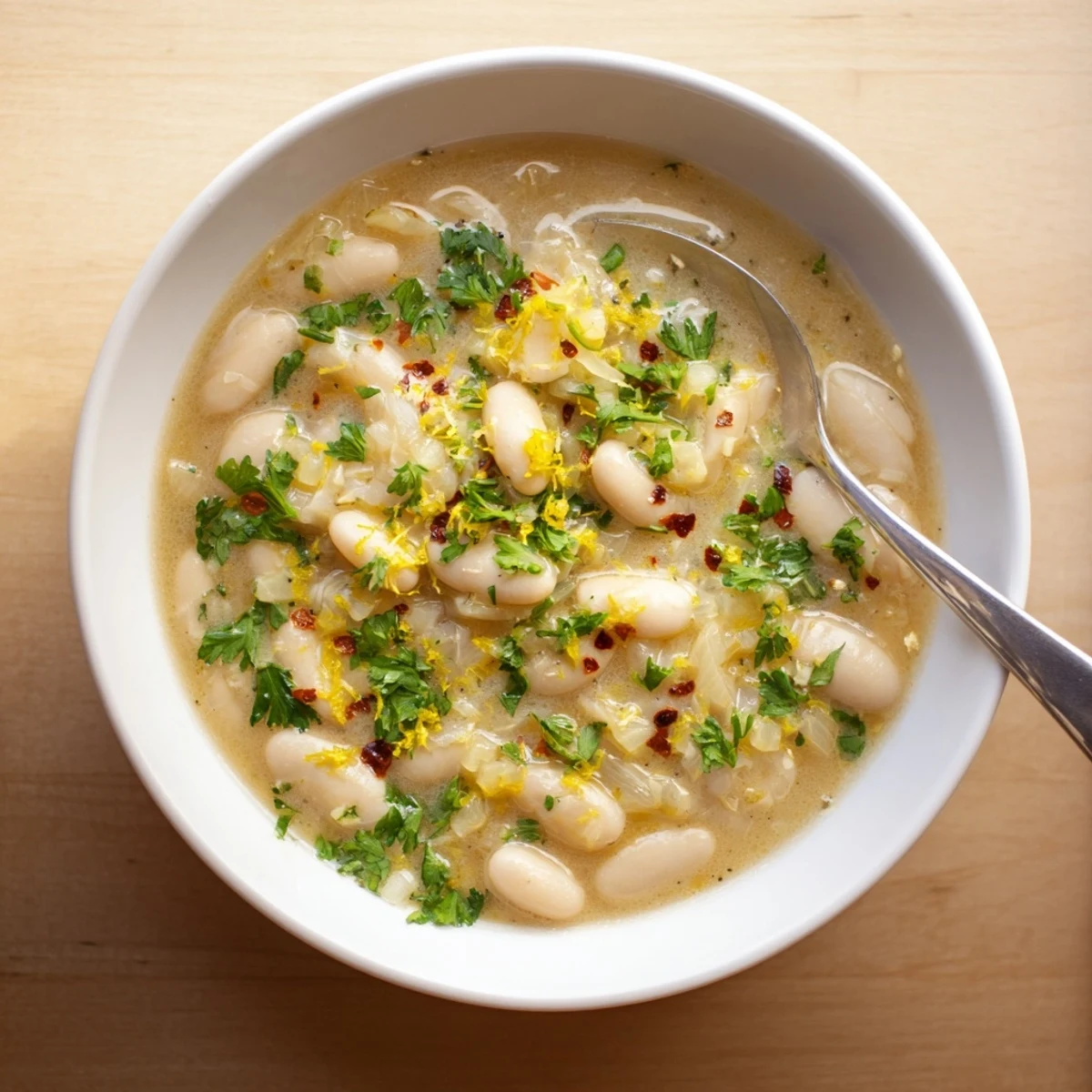 Savory miso butter brothy beans in a rich broth finished with delicate chopped chives