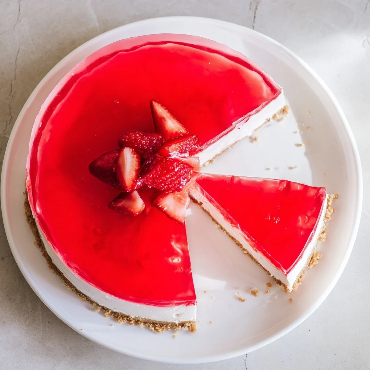 No bake Greek yogurt jello cheesecake showing wobbly fruit gelatin layer over creamy filling