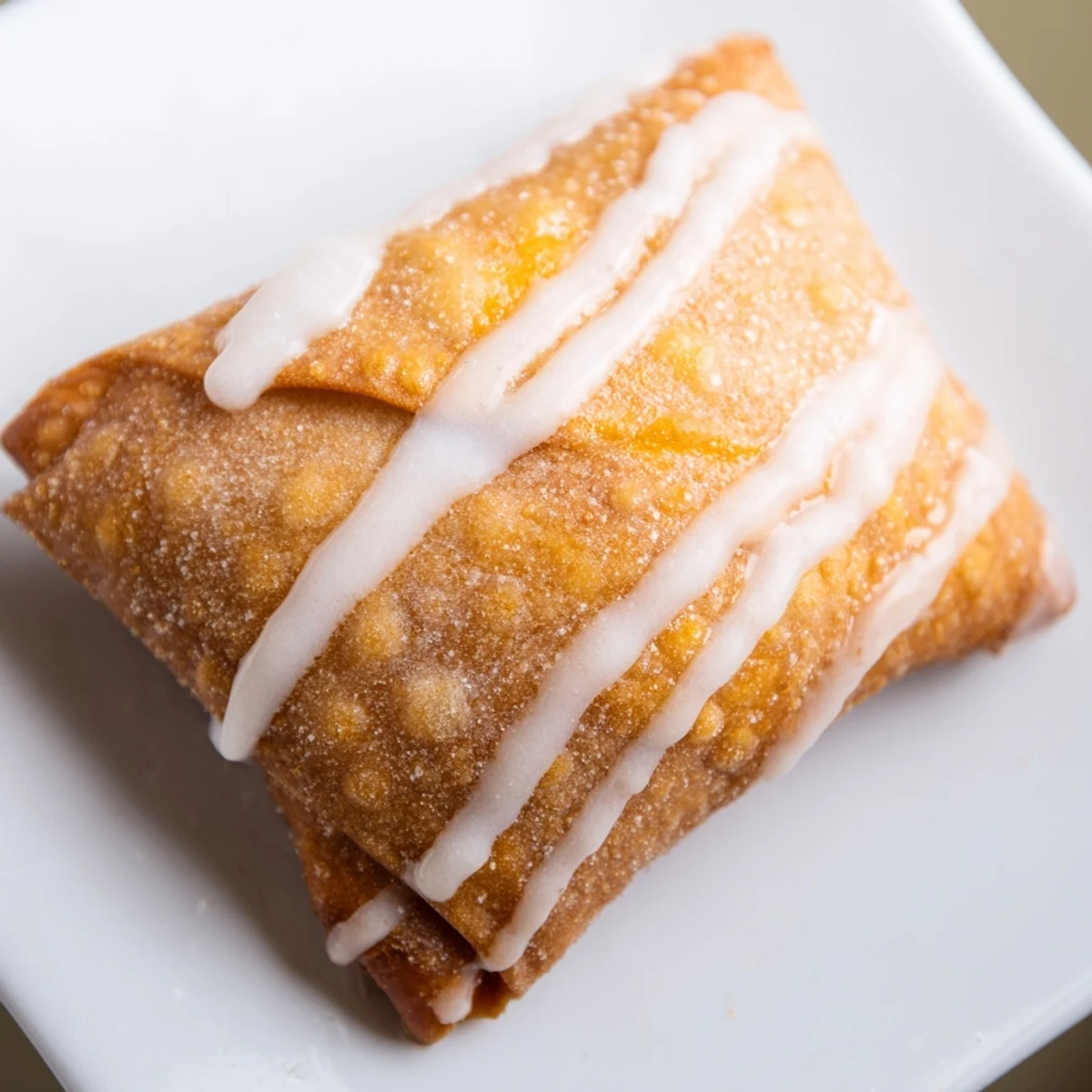Golden peach cobbler egg rolls drizzled with vanilla glaze on a white plate