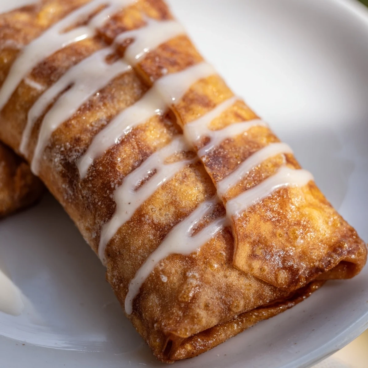 Crispy fried egg roll wrappers spilling warm cinnamon peach filling onto serving platter