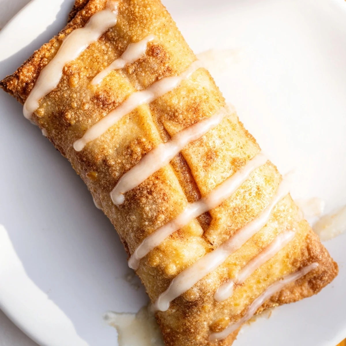 Handheld dessert featuring spiced peaches in crunchy pastry with sweet vanilla topping