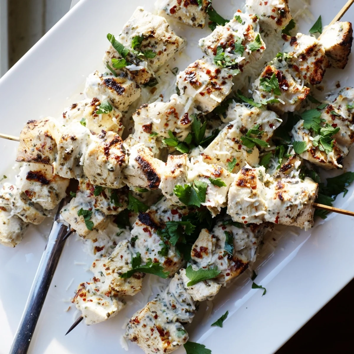 Golden grilled Ranch Garlic Parmesan Chicken Skewers topped with melted cheese and fresh parsley