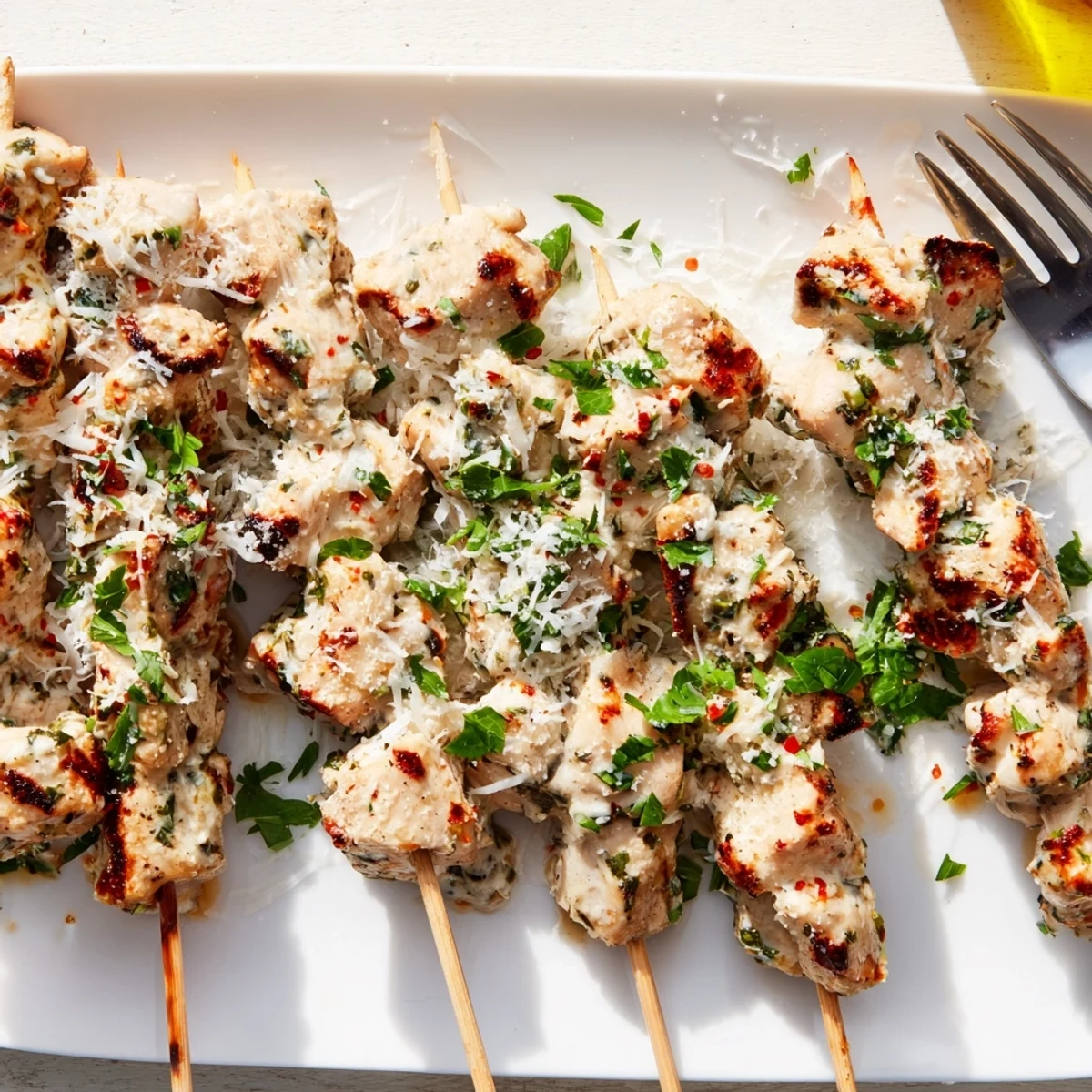 Juicy chicken kabobs marinated in zesty ranch garlic sauce with a crispy Parmesan crust