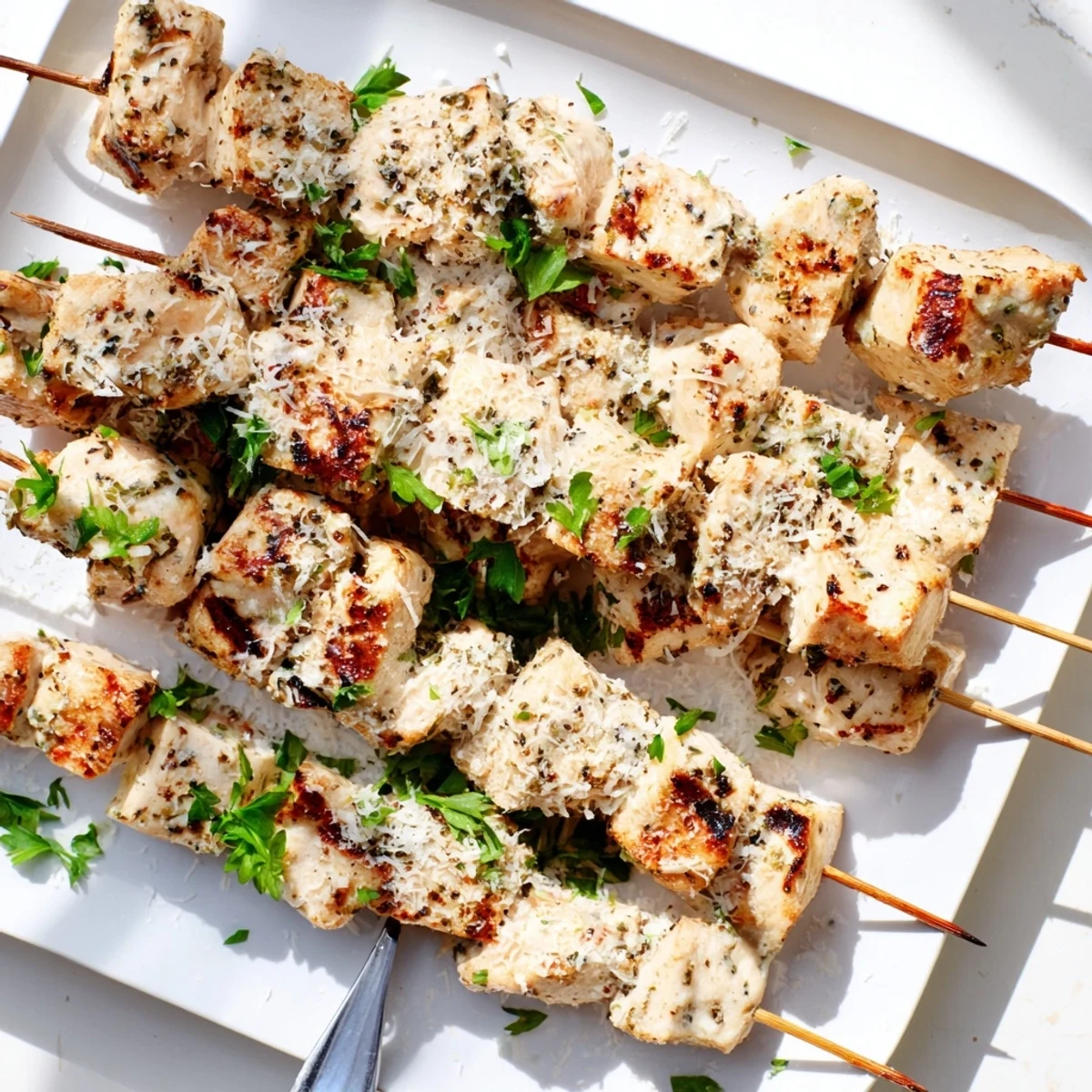 Perfectly grilled Ranch Garlic Parmesan Chicken Skewers with savory herbs and golden grill marks