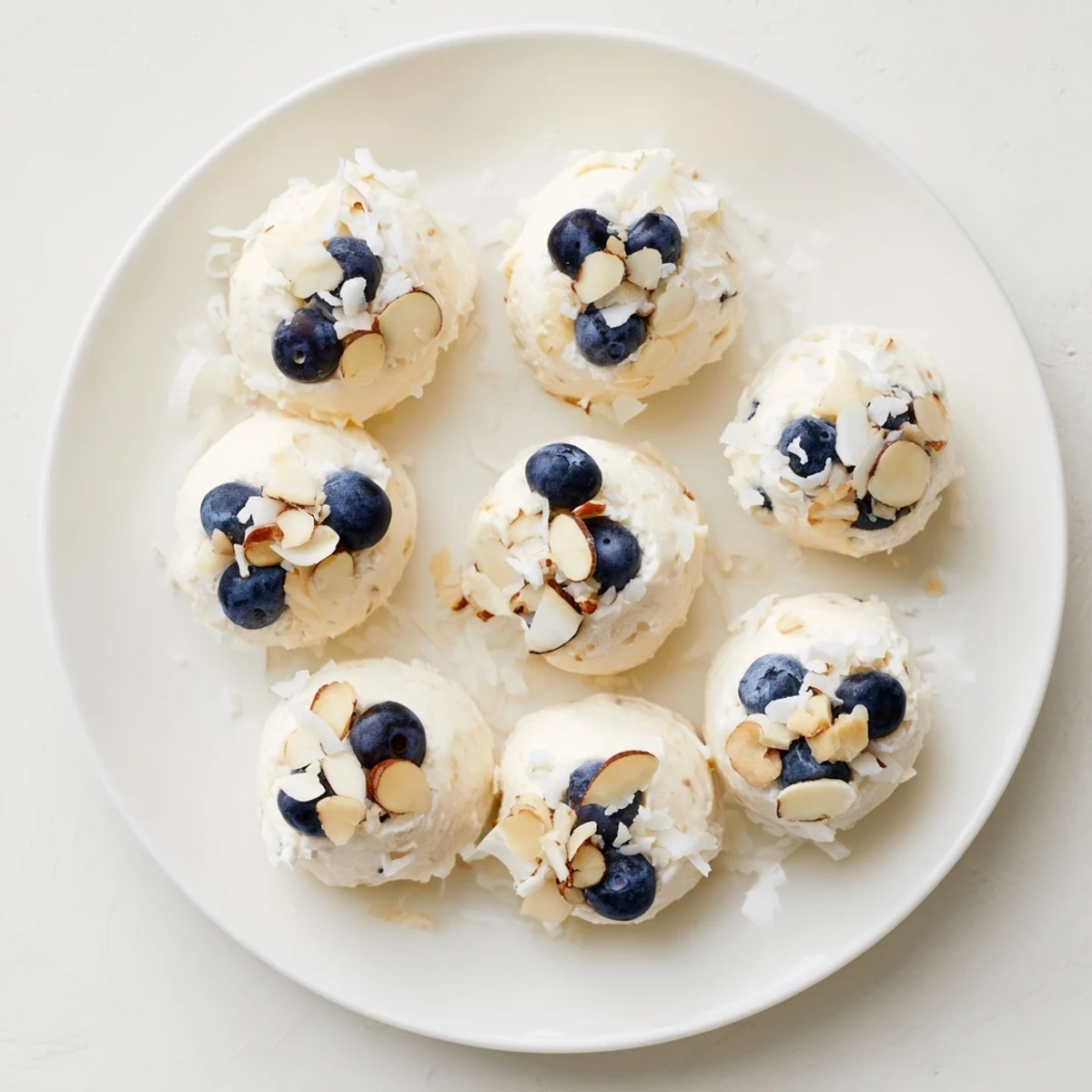 Frozen blueberry Greek yogurt bites on parchment paper with fresh blueberries nestled in creamy centers