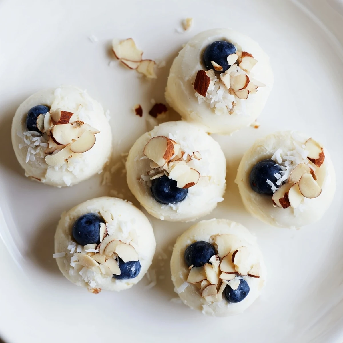 Small frozen yogurt mounds studded with fresh blueberries arranged in rows on a lined tray