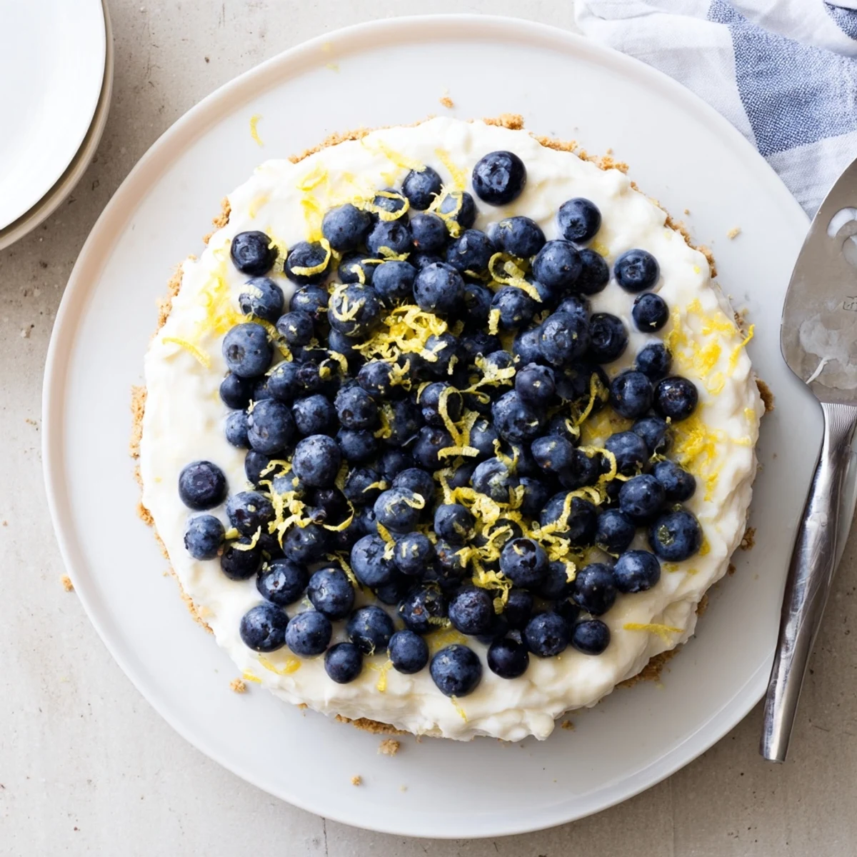 No bake lemon blueberry cream cake topped with fresh blueberries and lemon zest on a graham cracker crust