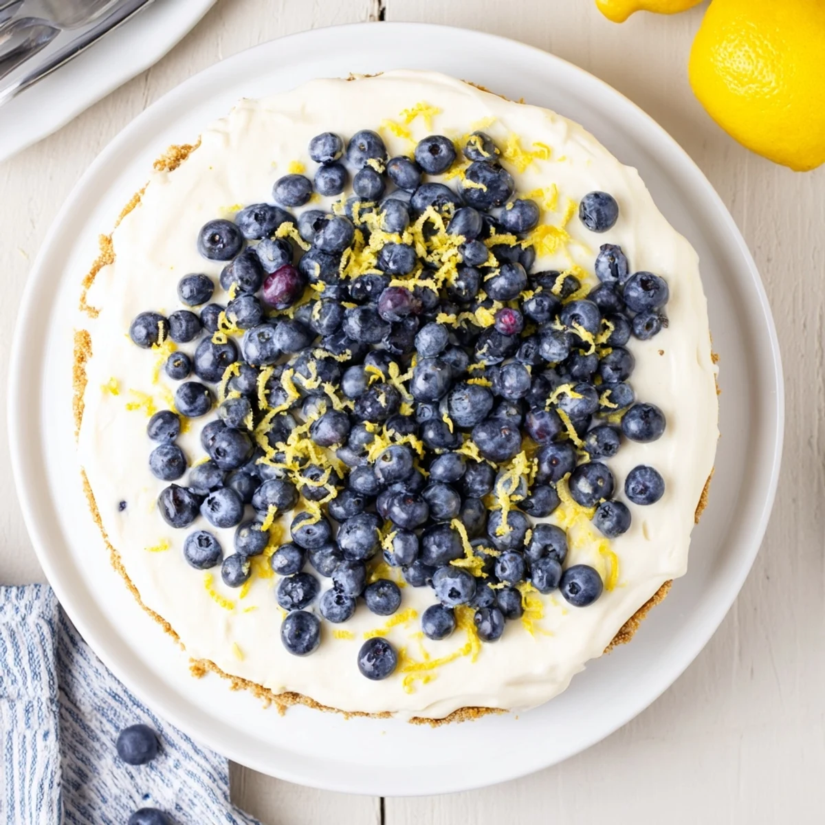 Creamy no bake lemon blueberry cake slice showing purple blueberries swirled through light lemon filling