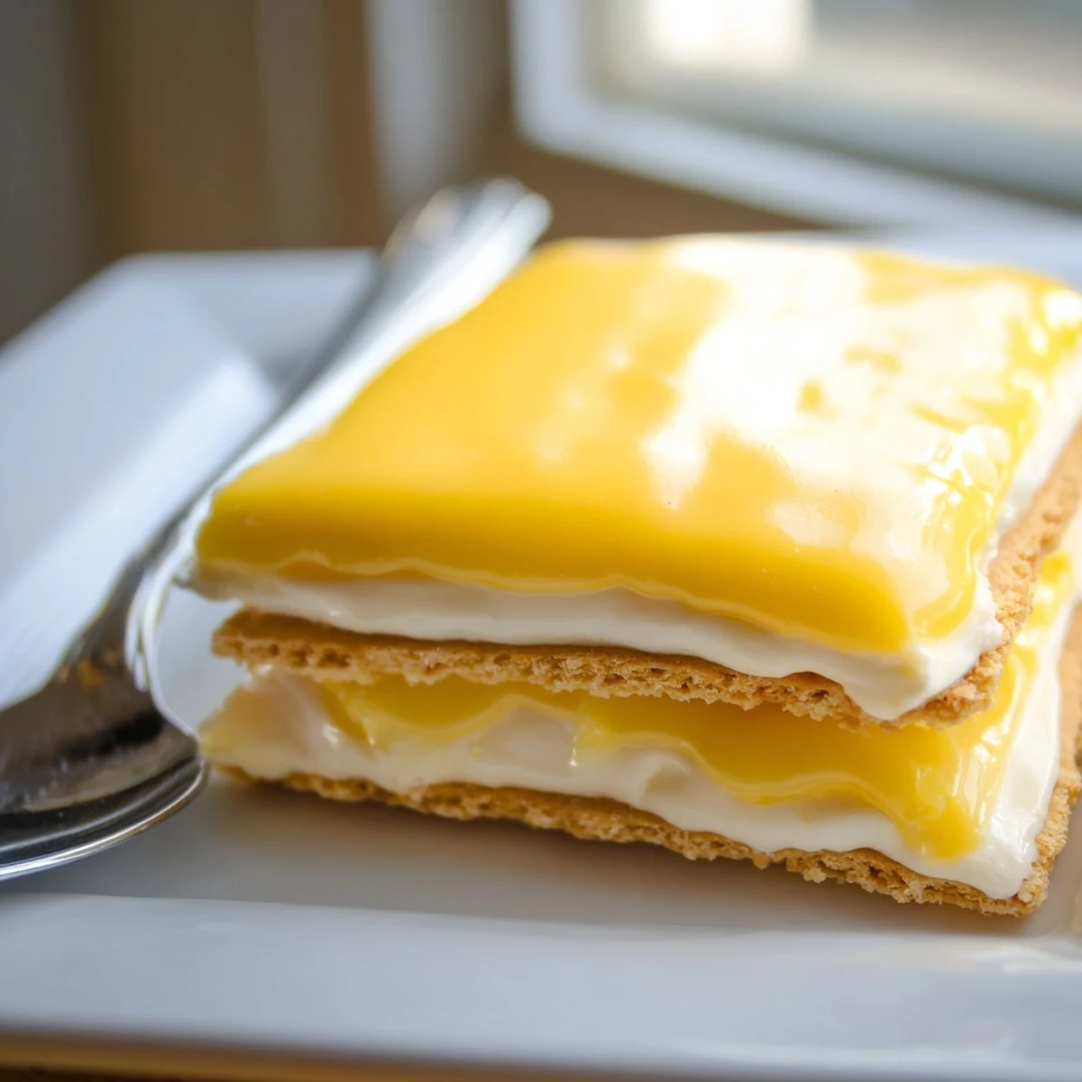 Golden slice of no bake lemon eclair cake showing creamy layers between graham cracker sheets