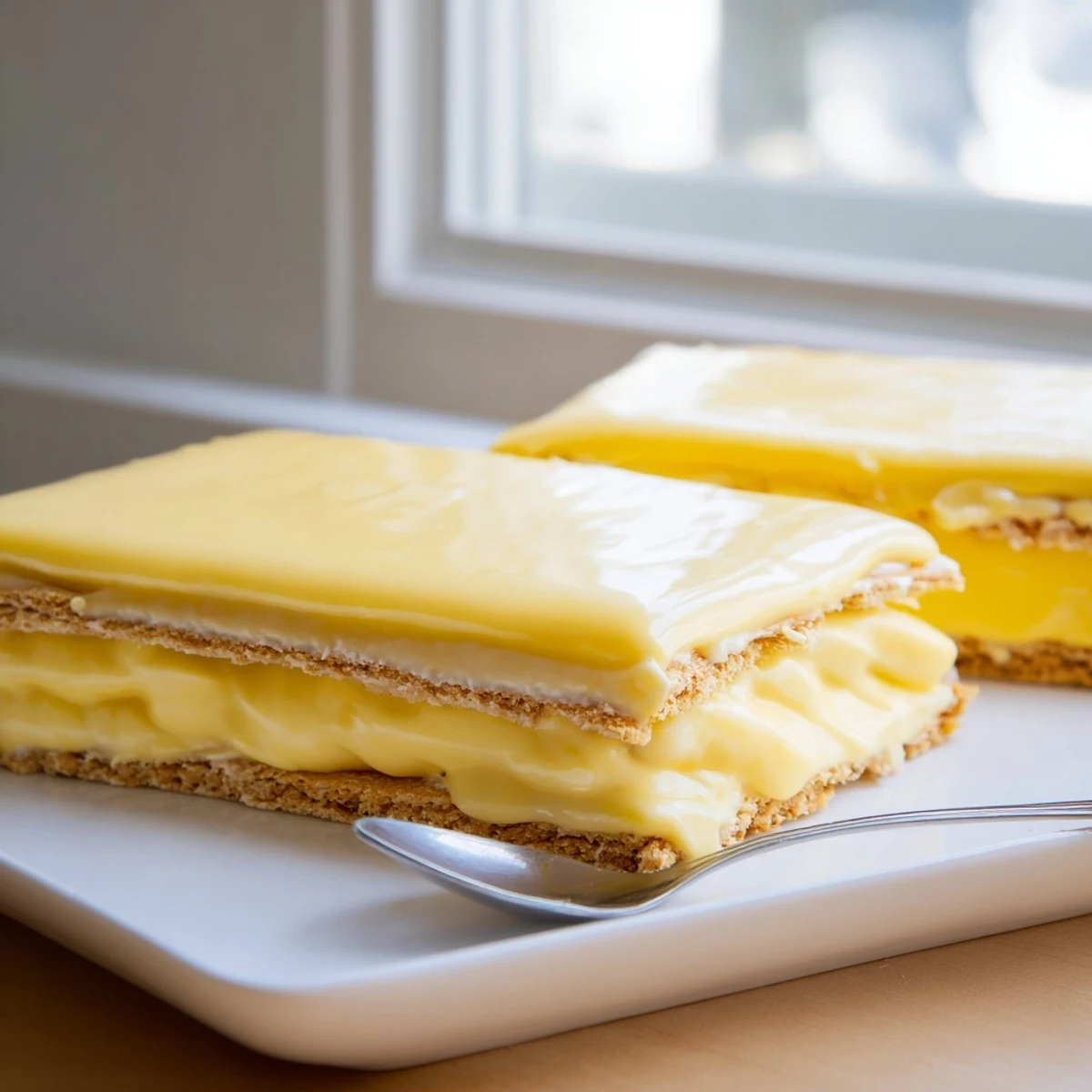 Summer dessert featuring chilled no bake lemon eclair cake drizzled with tangy lemon glaze