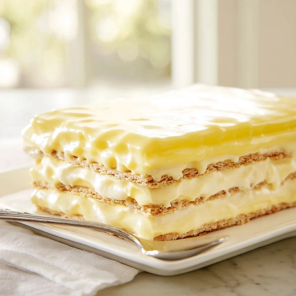 Rectangular pan of no bake lemon eclair cake with silky lemon topping and soft graham layers