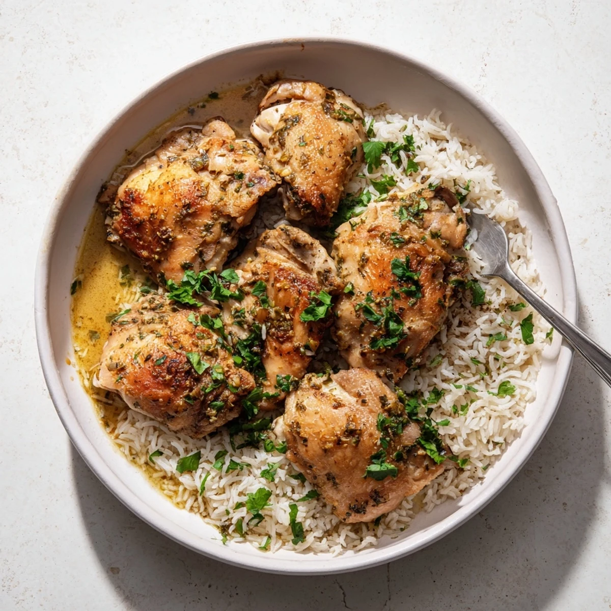 Juicy tender chicken infused with bright lemon and aromatic herbs over perfectly steamed rice