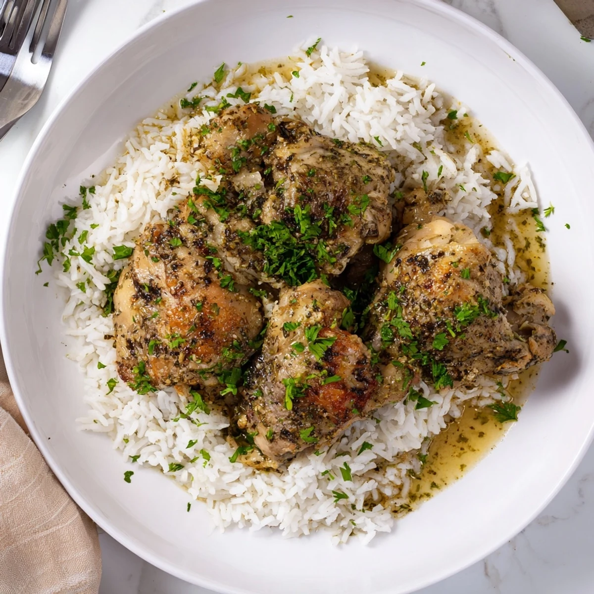 Slow cooker lemon herb chicken thighs served over a bed of fluffy white rice