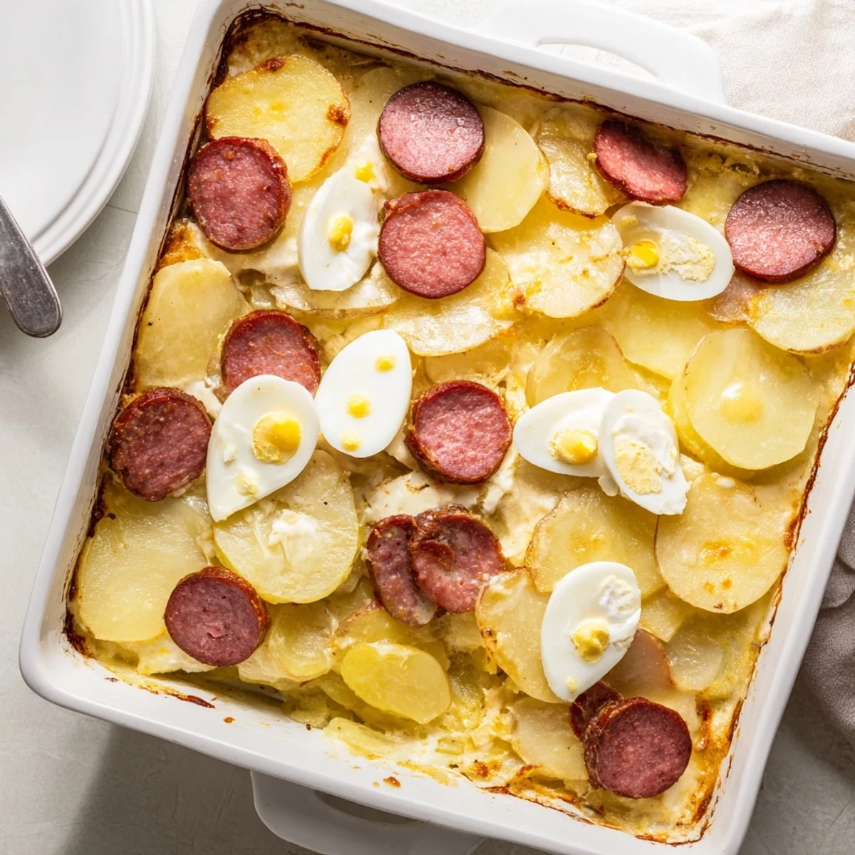Golden baked Hungarian Rakott Krumpli casserole with layered potatoes, sausage, eggs, and creamy sour cream topping