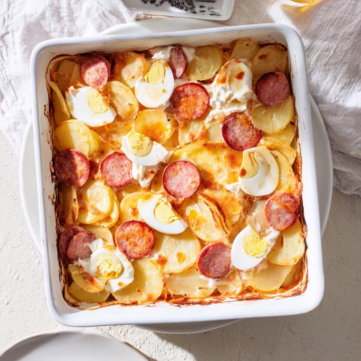 Hearty Rakott Krumpli comfort food showing bubbling layers of sliced potatoes, smoked sausage, and hard-boiled eggs