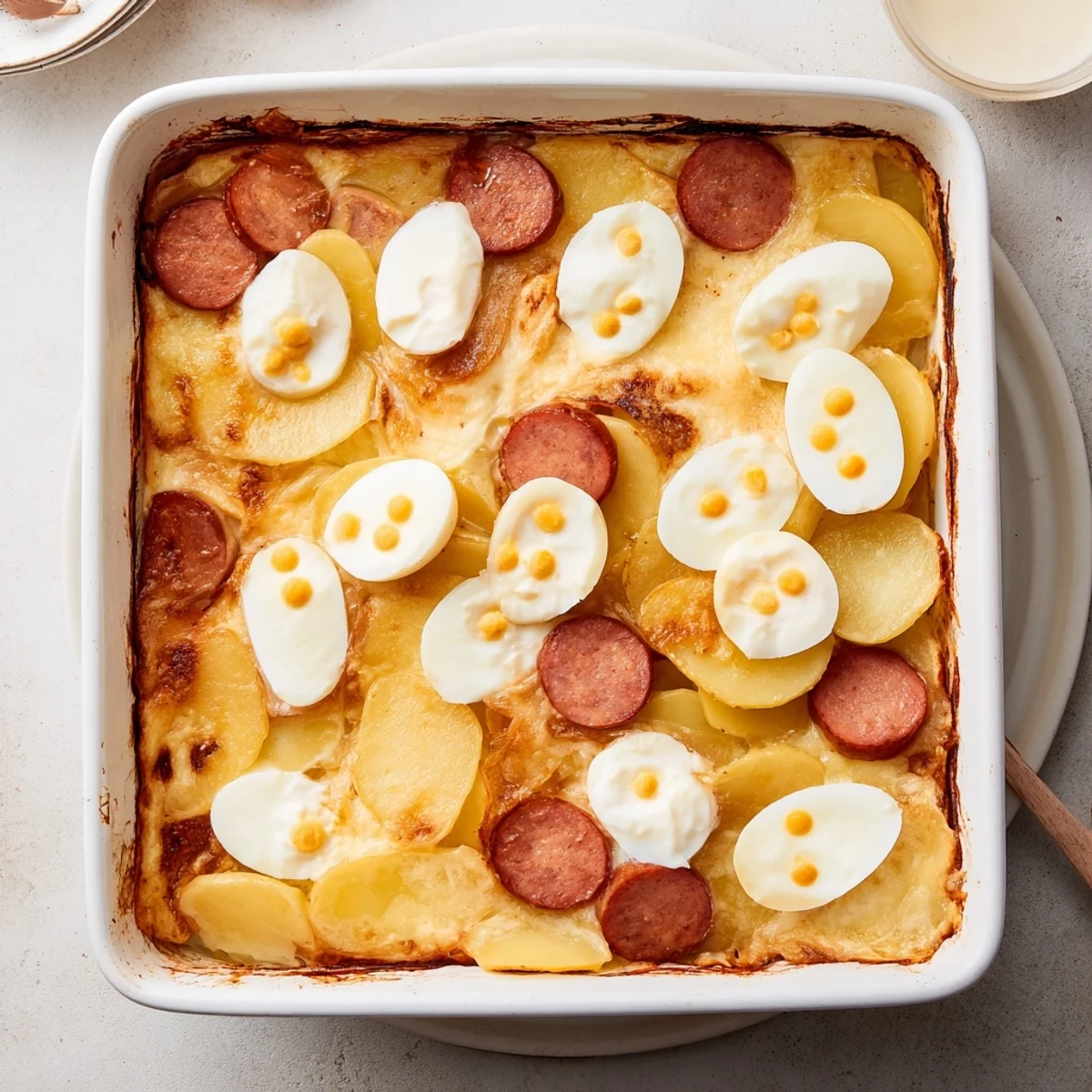 Slices of Hungarian Rakott Krumpli potato casserole served warm with golden sour cream crust and visible egg layers