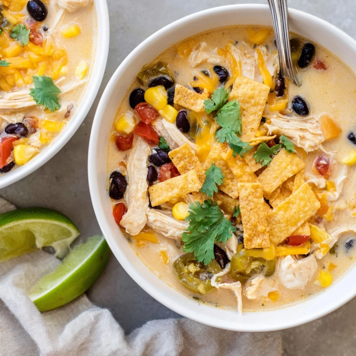 Creamy chicken taco soup steaming in a bowl topped with crushed tortilla chips and fresh cilantro