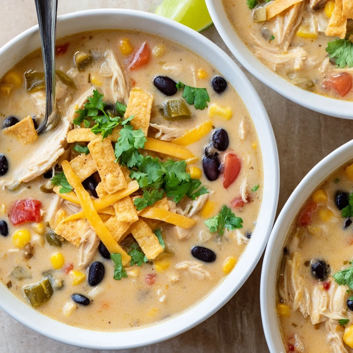 Rich and hearty easy creamy chicken taco soup ladled into serving bowls with shredded cheddar cheese