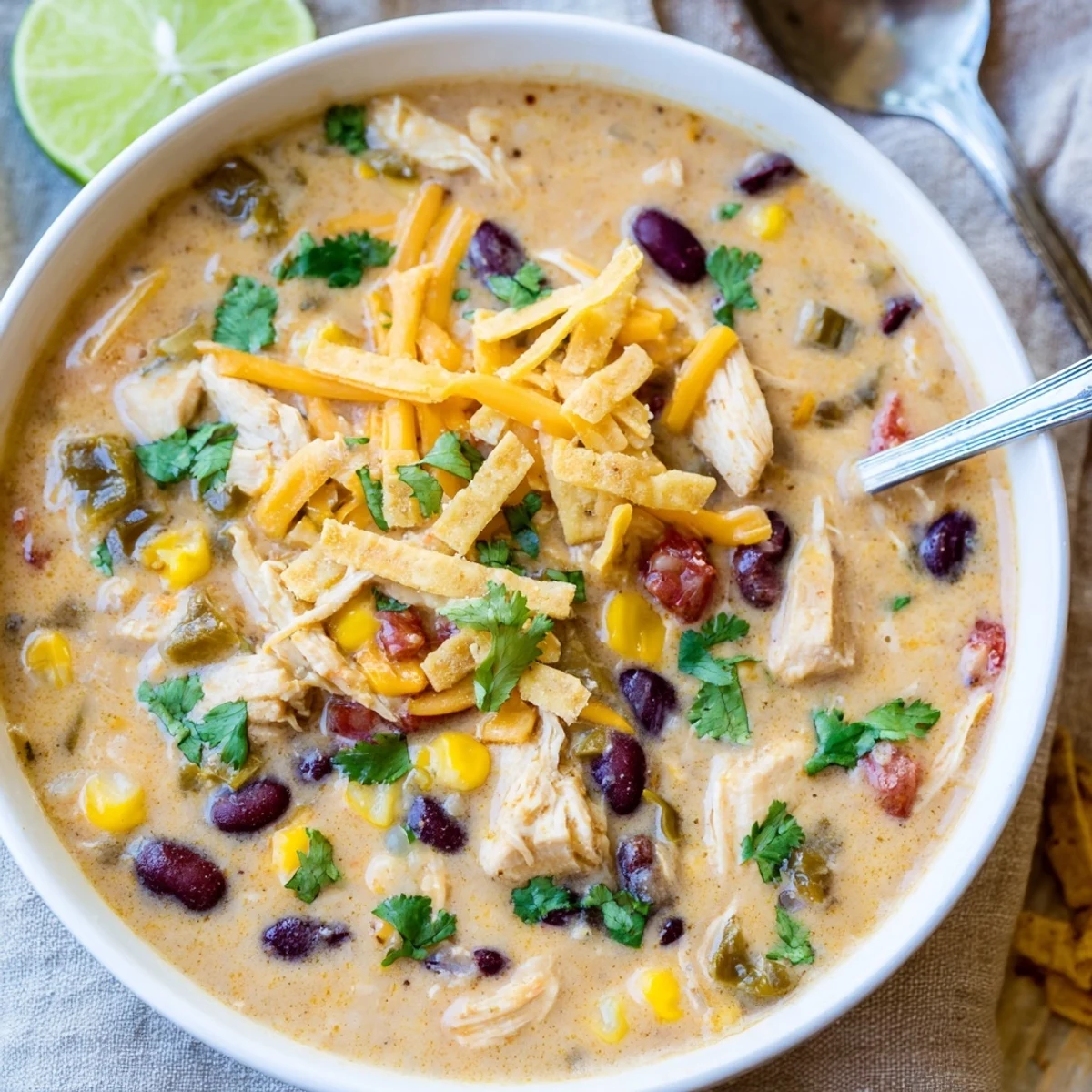 Spoonful of Tex-Mex creamy chicken taco soup garnished with jalapeño slices and a lime wedge