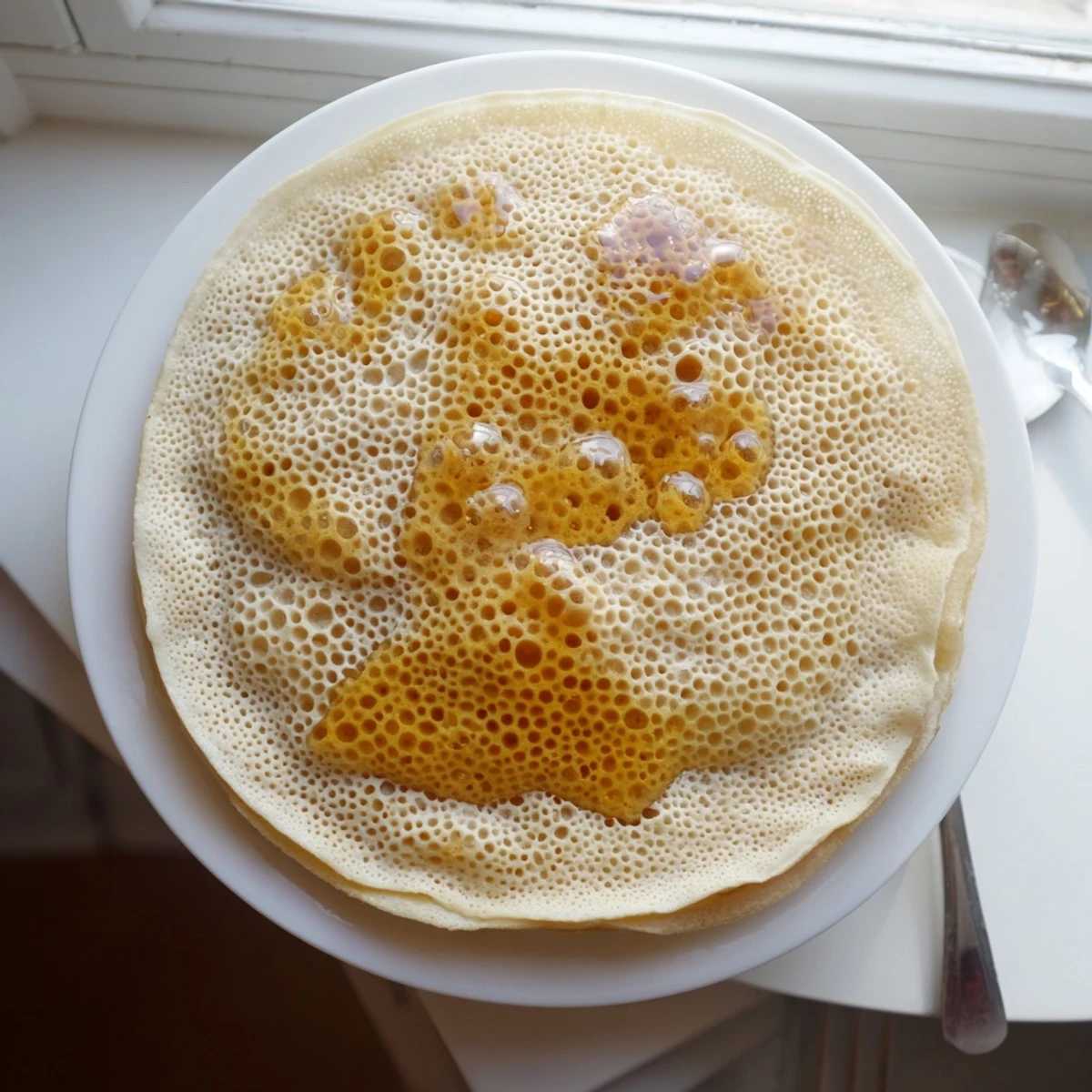 Golden baghrir Moroccan pancakes drizzled with melted butter and honey on a white plate