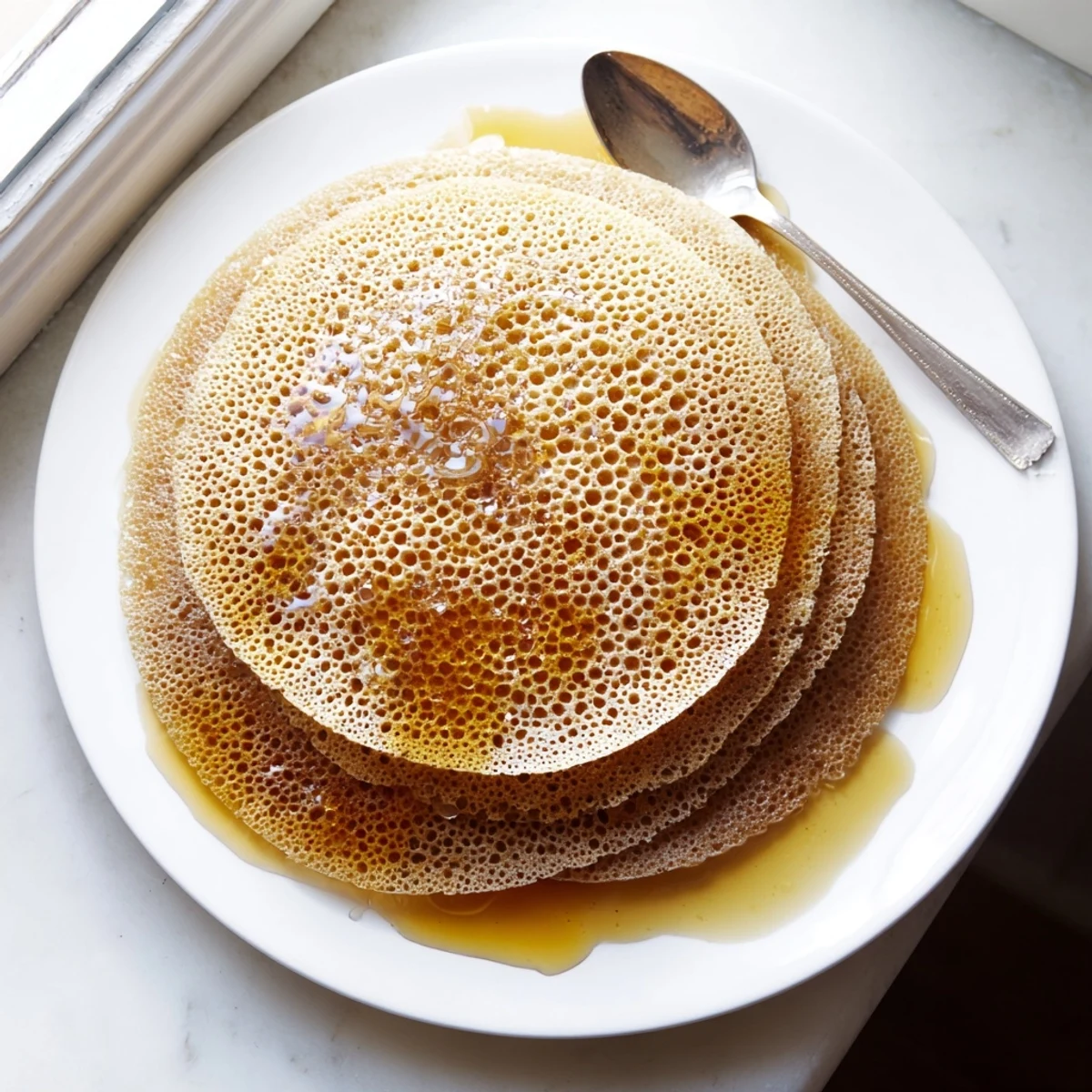 Stack of warm Moroccan baghrir pancakes topped with butter and honey for serving