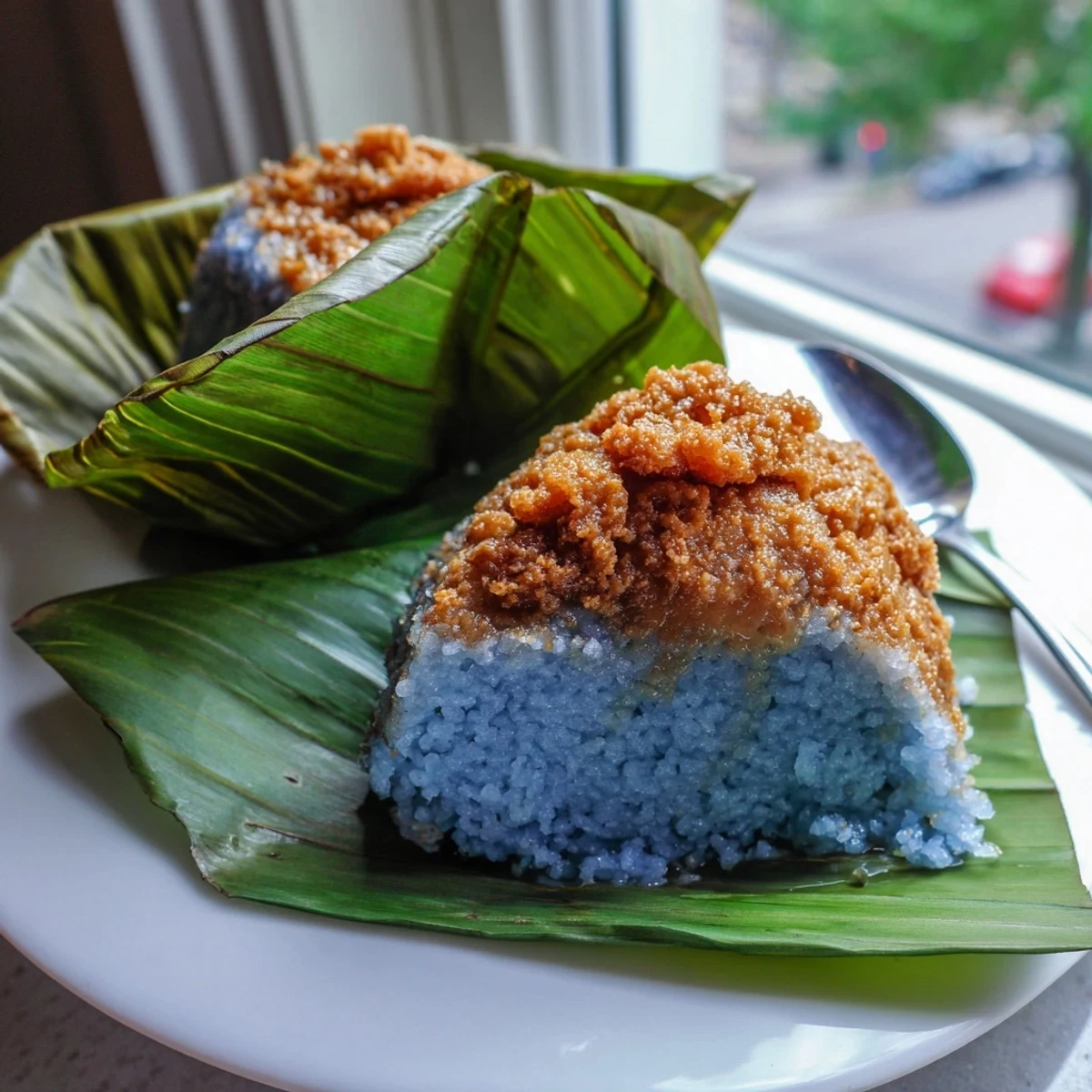 Traditional Malaysian Pulut Inti featuring steamed glutinous rice topped with sweet coconut filling wrapped in banana leaves