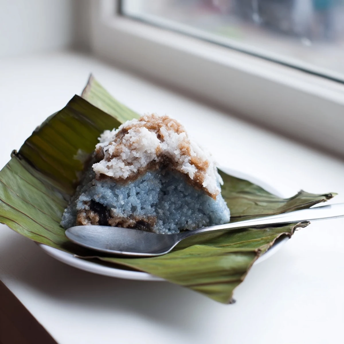 Homemade Pulut Inti dessert showcasing sticky rice with caramelized palm sugar coconut topping on authentic green banana leaf wrapper