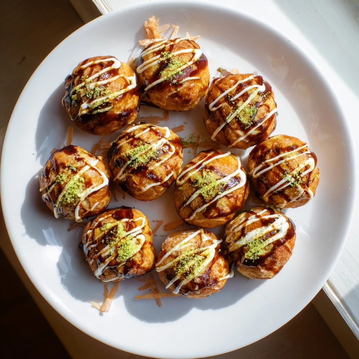 Golden brown Japanese takoyaki balls drizzled with savory sauce and mayonnaise toppings