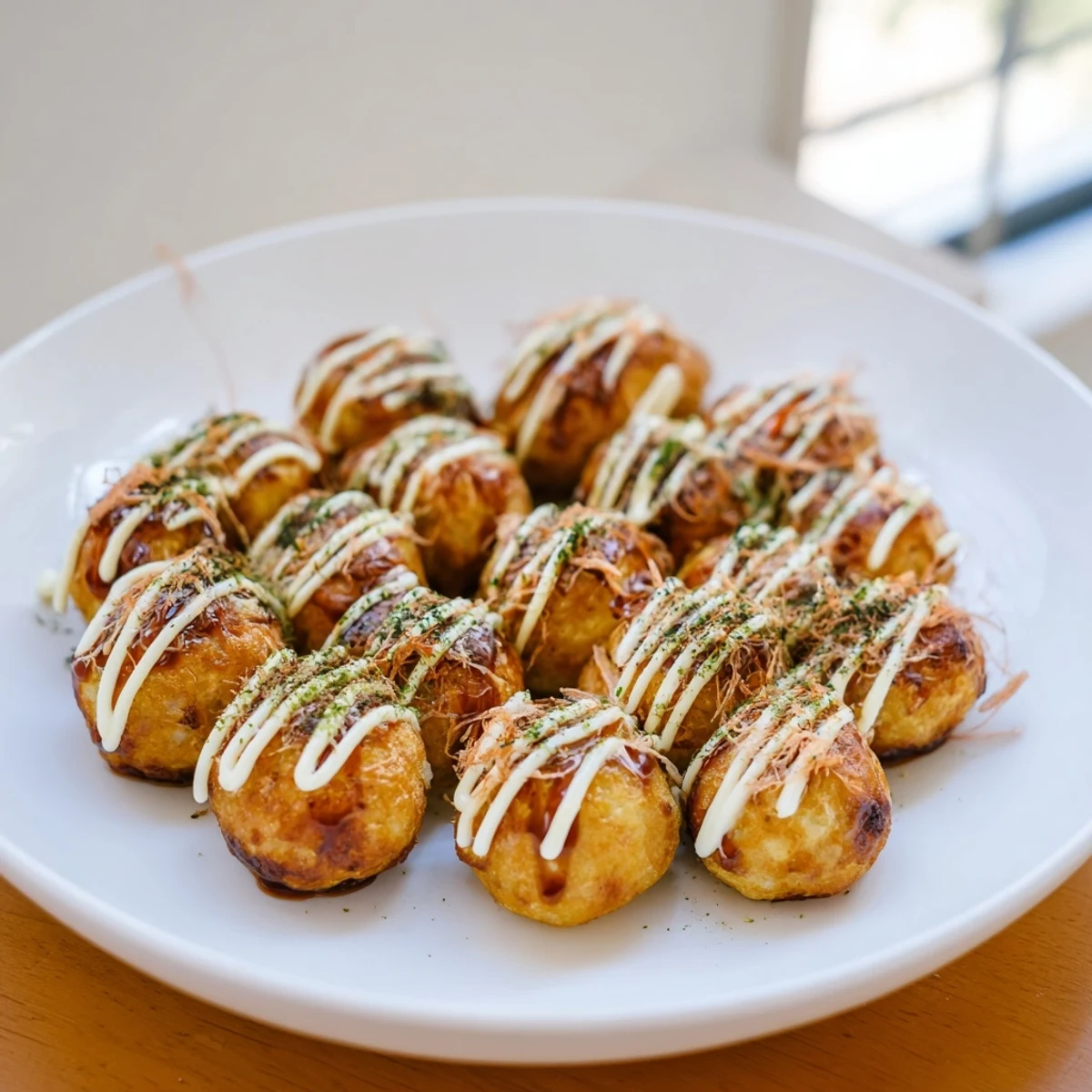 Crispy exterior takoyaki filled with tender octopus pieces and sprinkled with bonito flakes