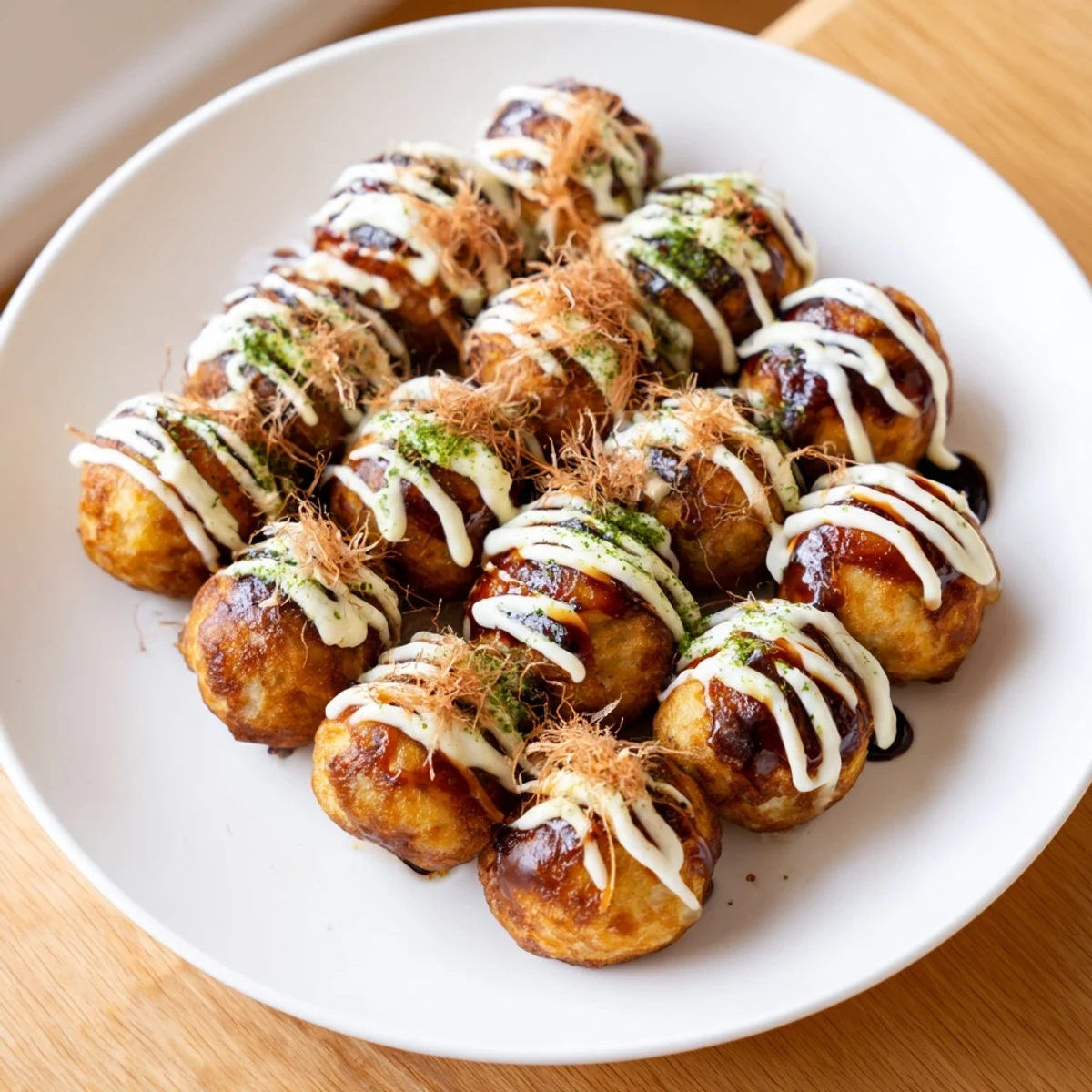 Steaming hot Japanese street food takoyaki arranged on a plate with colorful garnishes