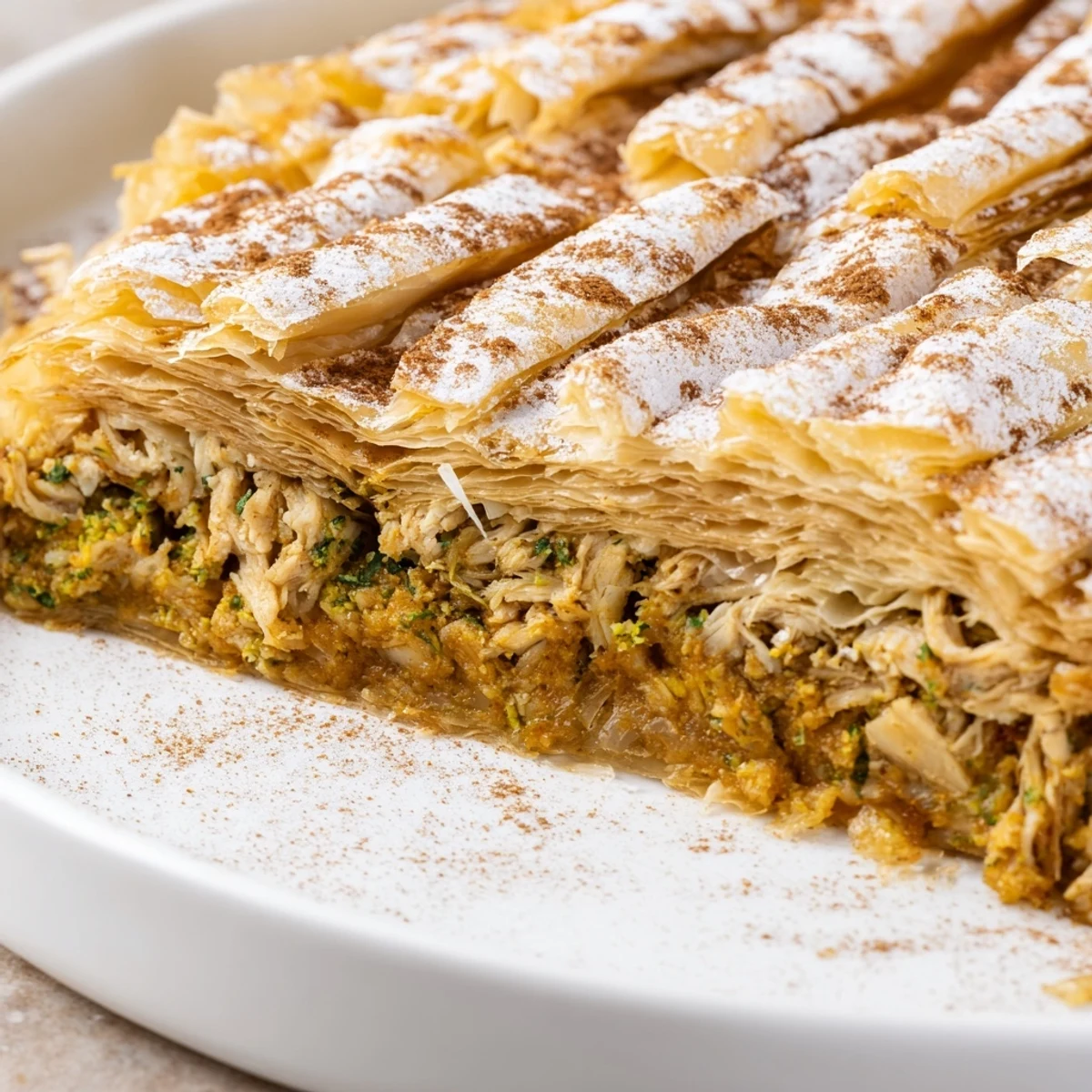 Golden Moroccan Bstilla pastry pie dusted with powdered sugar and cinnamon stripes