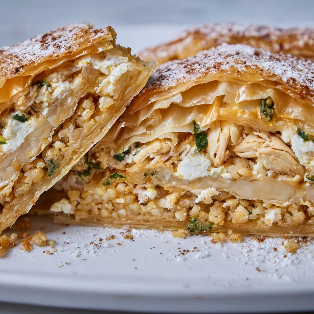 Savory sweet Moroccan Bstilla with cinnamon sugar topping over flaky golden pastry crust