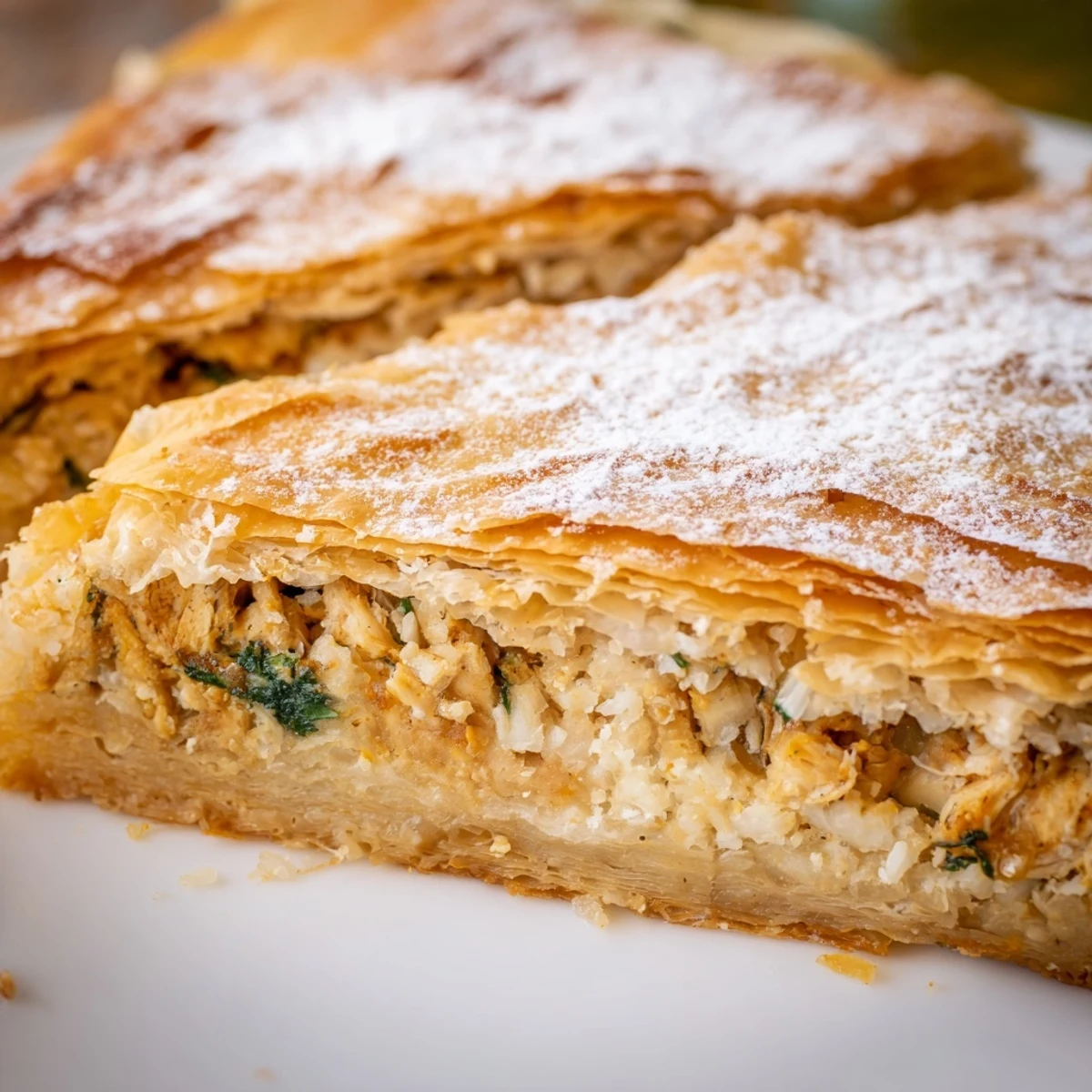 Buttery crisp Moroccan Bstilla featuring spiced chicken almond filling wrapped in golden layers