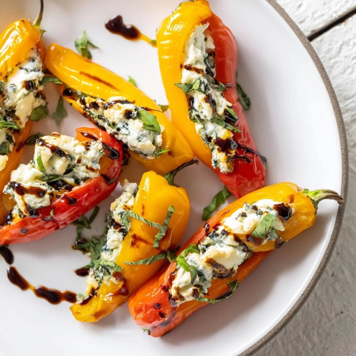 Golden roasted mini peppers stuffed with creamy herbed goat cheese on a white serving platter