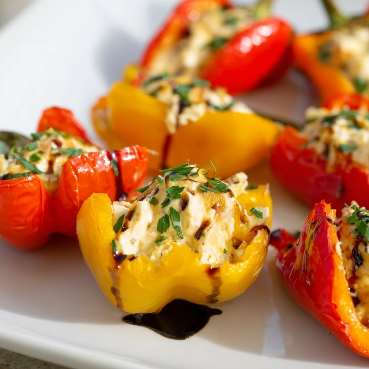 Colorful Mediterranean appetizer featuring sweet peppers filled with smooth goat cheese mixture and fresh herbs