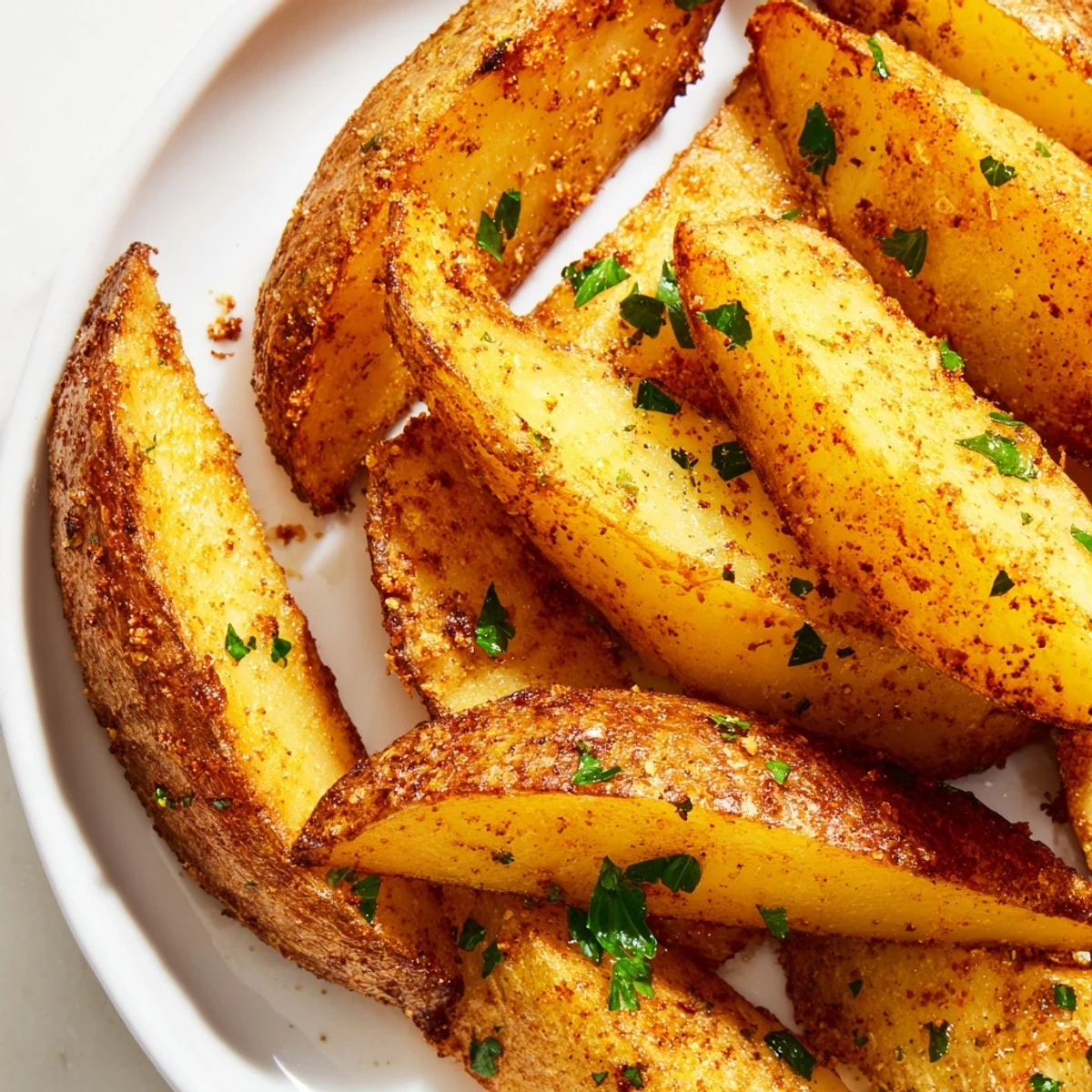 Crispy seasoned potato wedges arranged in a wire air fryer basket with golden edges