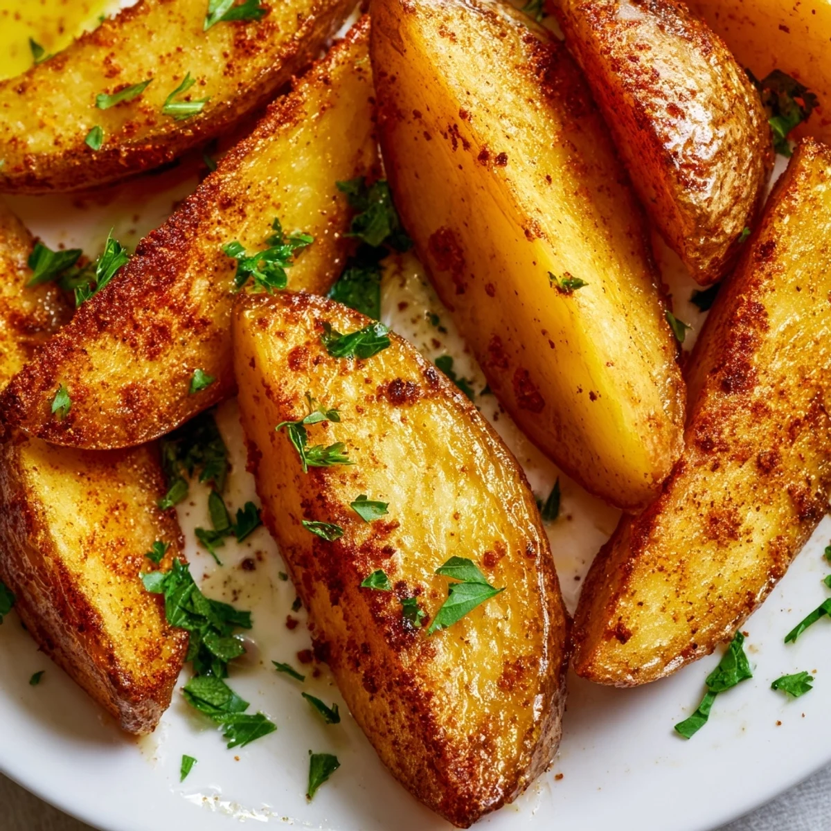 Golden brown air fryer potato wedges sprinkled with fresh parsley on a white serving plate