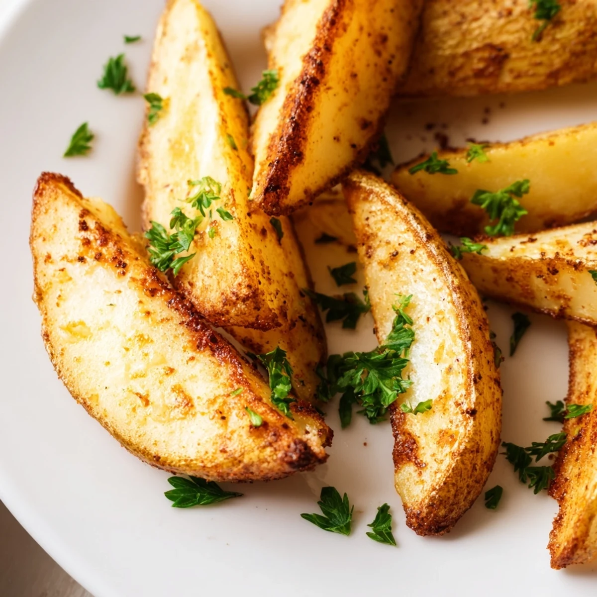 Fluffy inside potato wedges with garlic paprika coating served as a delicious American side dish