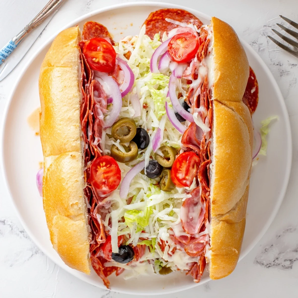 Golden hoagie roll piled high with Italian deli meats and tangy dressed lettuce salad