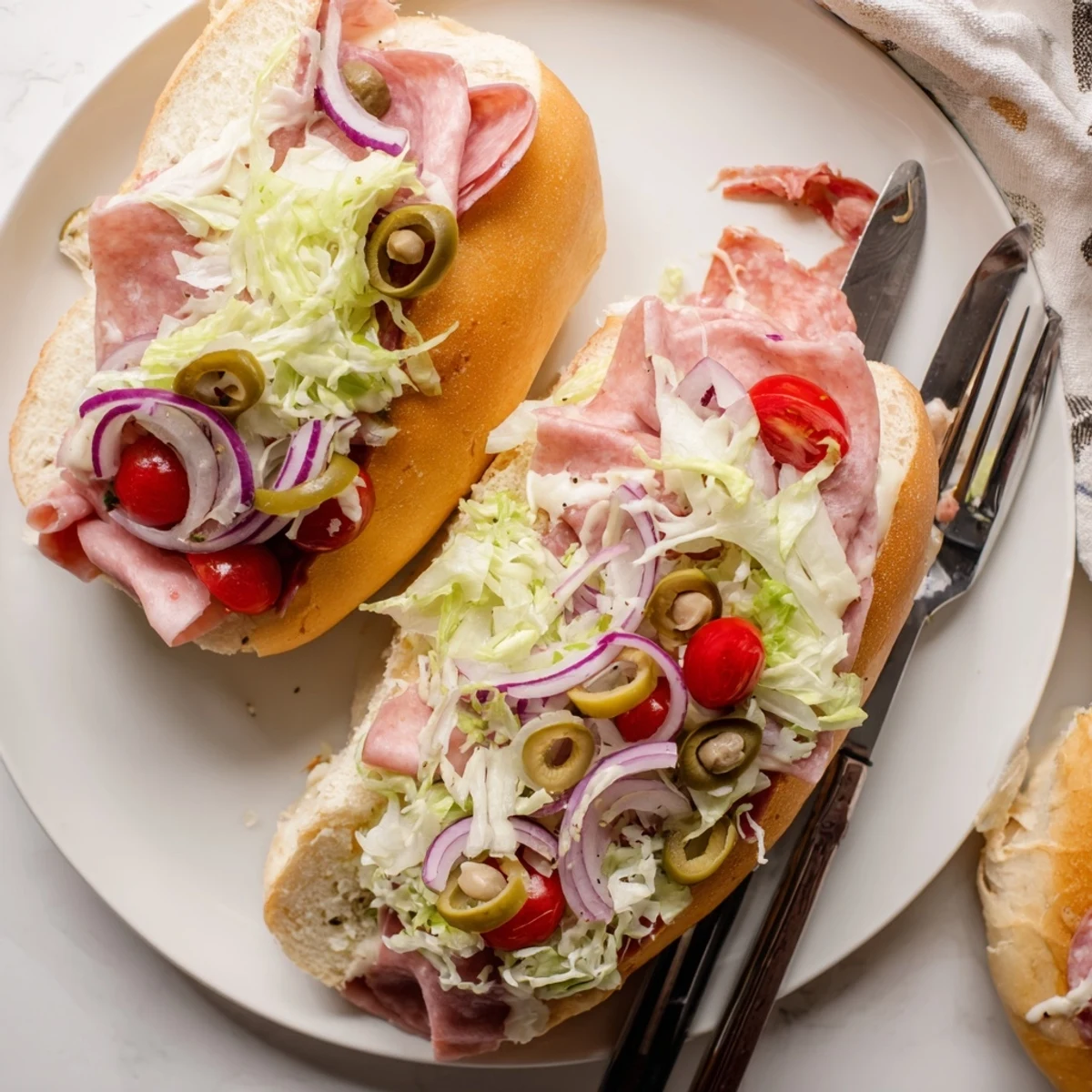 Melty provolone and mozzarella cheese covering Genoa salami and ham on crusty toasted sub