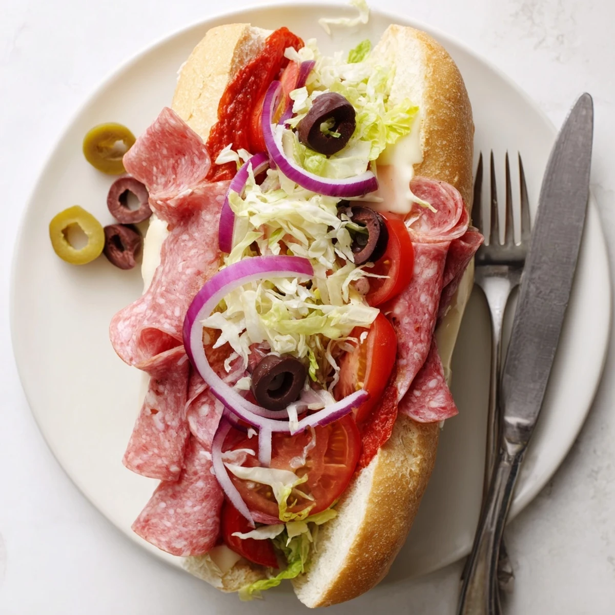 Vibrant Italian grinder salad sandwich featuring crisp lettuce pepperoncini and savory cold cuts