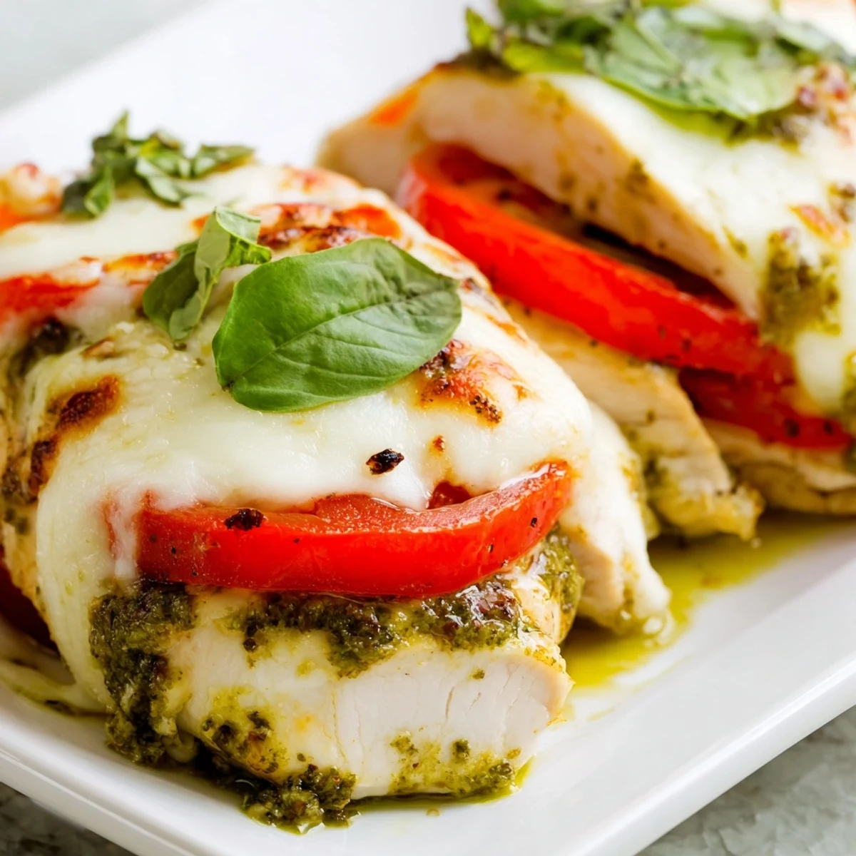 Golden baked pesto Caprese chicken featuring juicy breasts topped with melted mozzarella and fresh tomato slices