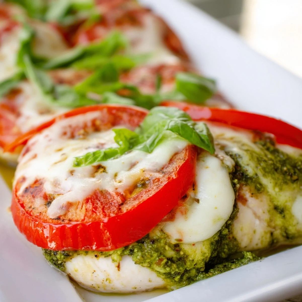 Italian-inspired baked pesto Caprese chicken with bubbling cheese and ripe tomatoes garnished with fresh basil